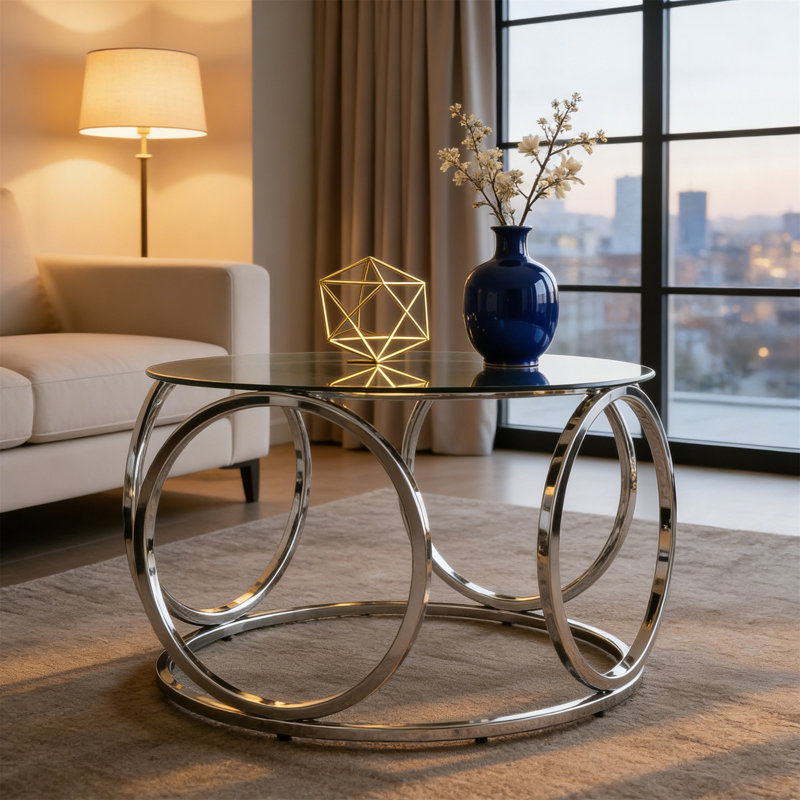 Table basse 31,5 "moderne avec plateau rond en verre avec cadre circulaire en métal, table d'appoint contemporaine pour le salon, le bureau et le salon (verre gris + cadre chromé)