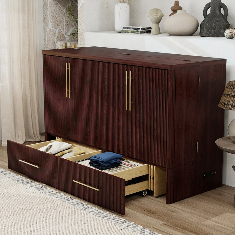 Grande armoire-lit escamotable en bois massif, capacité de 1000 lb, station de charge et tiroirs de rangement, conception cannelée moderne pour les petits espaces