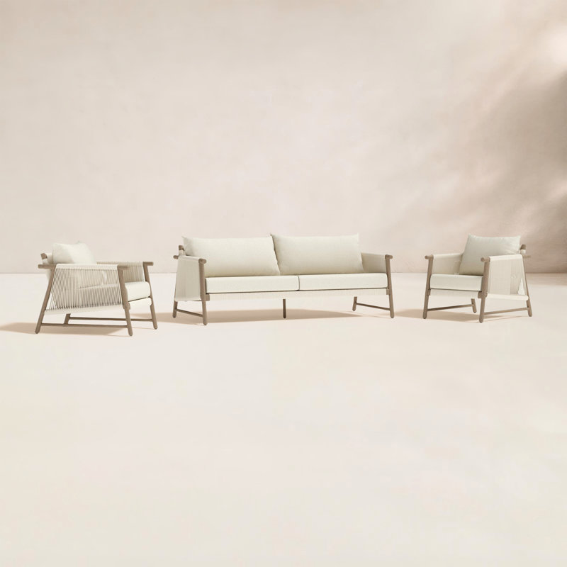 Naomie 3 Piece Acacia Wood Outdoor Patio Sofa Set With Rope Wicker - Olefin Linen