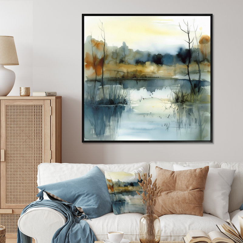 Illustration de paysage de lac d'été VI - impressions encadrées lac, 44" H x 44" W, Cadre flottant noir