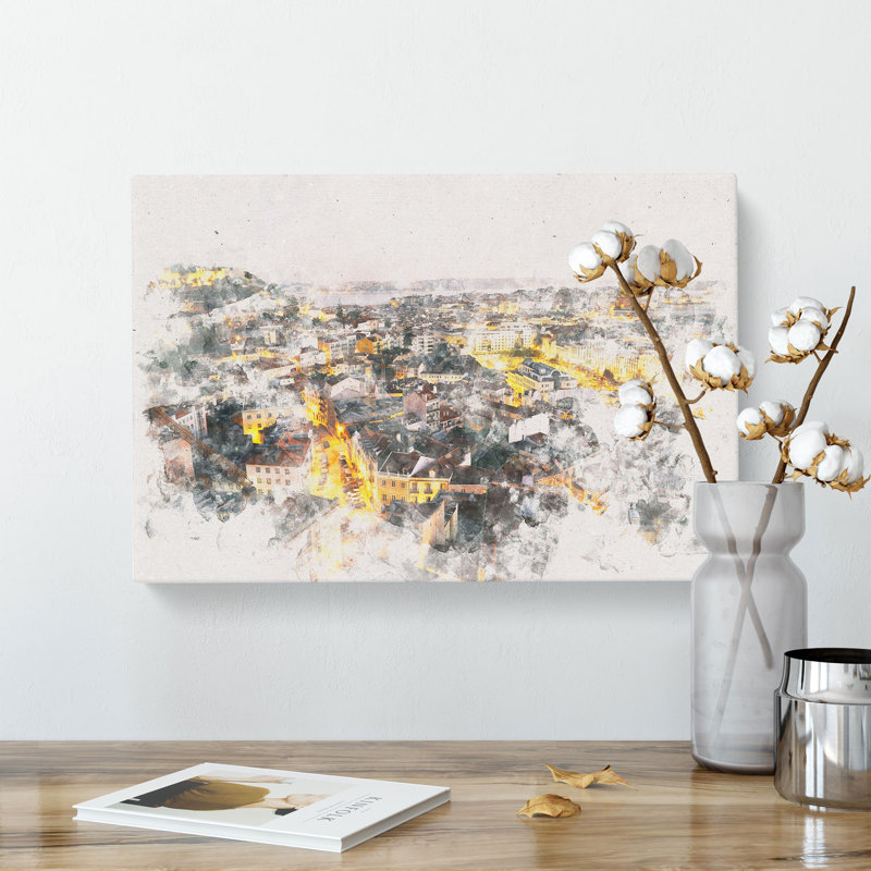 Lisbon Portugal Watercolour - Wrapped Canvas, 45cm H x 76cm W x 4cm D