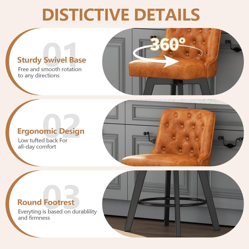 Swivel Upholstered 30'' Counter Stool Wood Leg, Brown, Bar Stool (30" Seat Height), 1