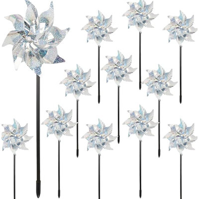 12-Piece Reflective Pinwheels Outdoor, Wind Spinners for Yard & Garden, Sparkly Bird Repellent Windmill Scares Birds Away, Deterrent Devices for Outside Patio Lawn Spring Decor (Silver)
