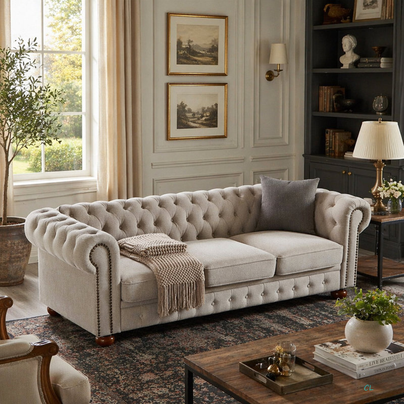 Canapé Chesterfield en tissu de lin