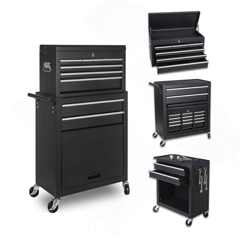Tool Chest, 8-Drawer  Tool Storage Cabinet With 2 In 1 Detachable Top Tool Box, Liner, Lockable Wheels, Side Hooks, Locking Mechanism, Metal Tool Cart For Garage