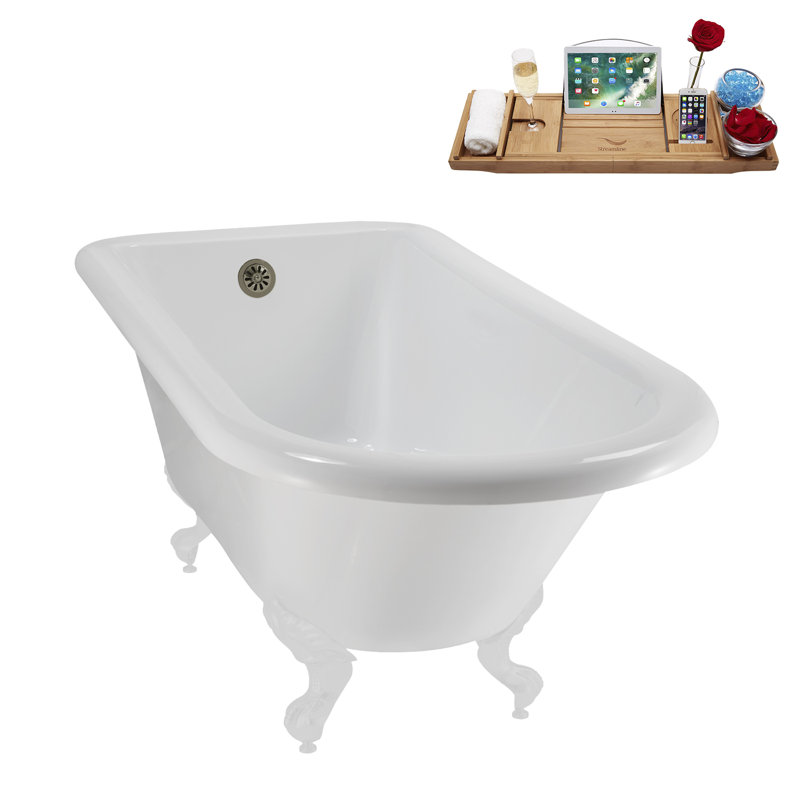 62" Streamline Clawfoot Tub,Tray,Drain, Clawfeet, Glossy White, Brushed Nickel