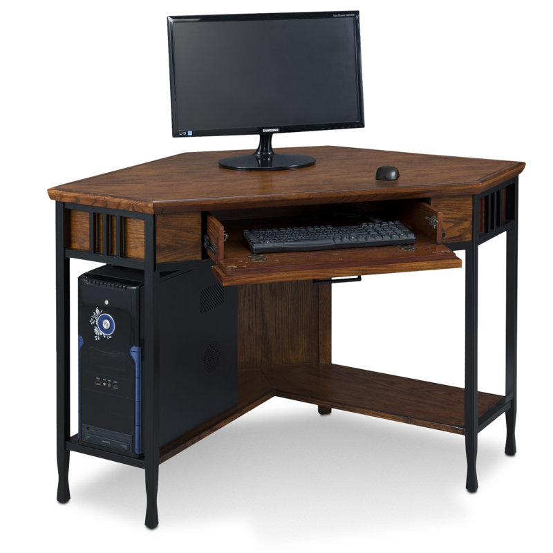 Ironcraft Solid + Manufactured Wood Corner Computer Desk in Burnished Mission Oak