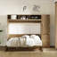 Lit escamotable double avec garde-robe, tiroirs et tablettes ouvertes, bois antique