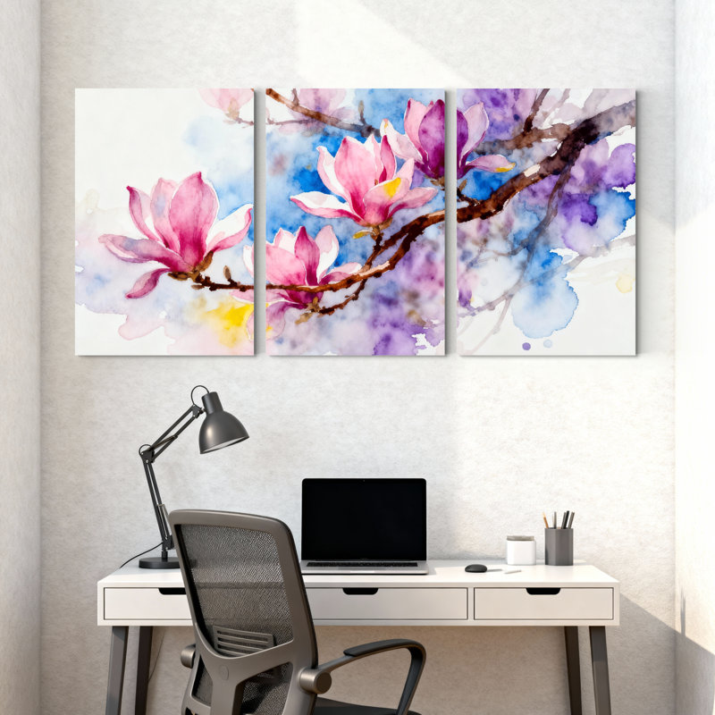 «Magnolia Watercolor Magnolia Blossoms On Branches», ensemble de 3 impressions sur toile, H 30 po x l 60 po