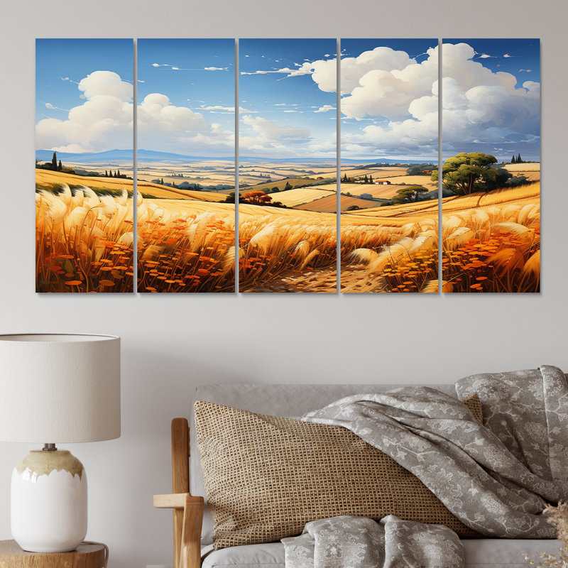 Champ de blé sur un jour d'été Summers Farmland I - impression d'art mural prairie - 5 panneaux égaux