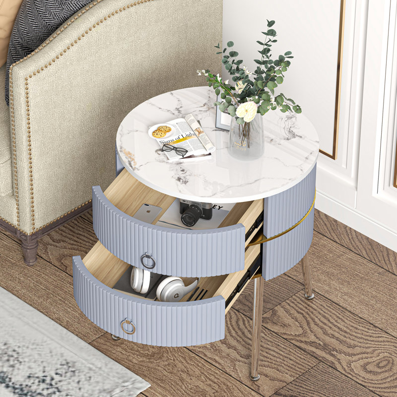 Midwest Side Table with Storage, White Marble/Chrome