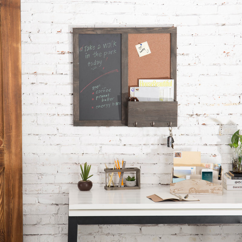 Entryway Wall Organiser with Key Hooks/Mail Storage/Chalkboard/Corkboard, Grey