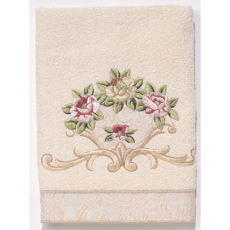 Ivory Cotton Hand Towel with Embroidered Floral Design