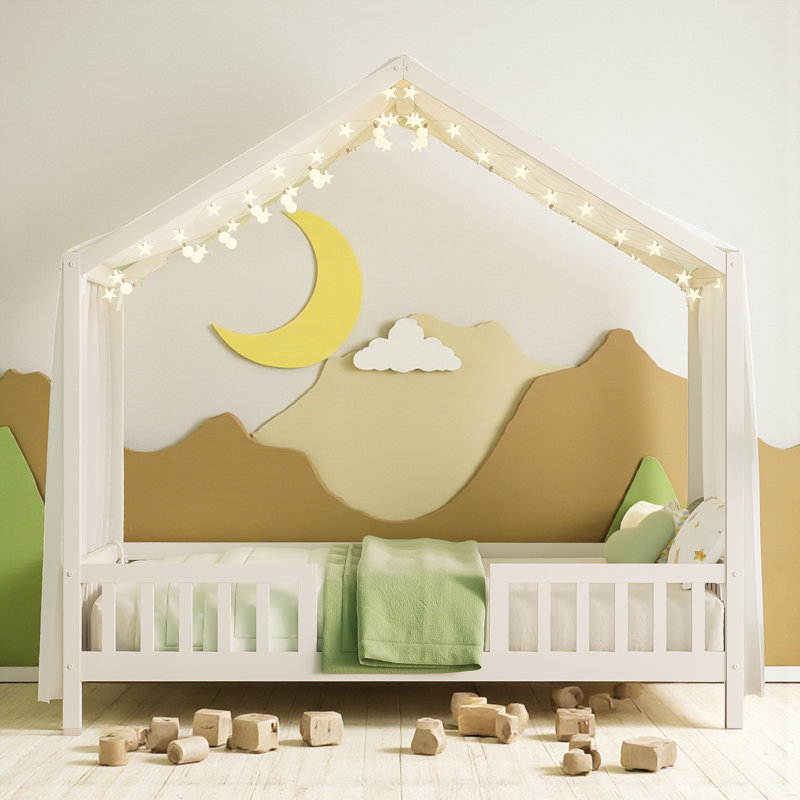Wood Canopy Bed Floor House Bed With Fence, Twin, White