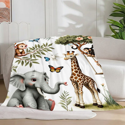 1Pc Jungle Safari Animal Cartoon Blanket Soft Cute Colorful Cozy Monkeys Elephants Giraffes Floral Designs For Sofa/Bed/Travel 40*50