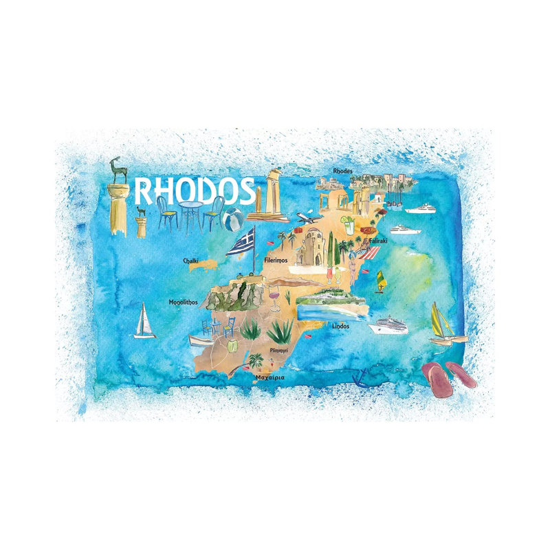 Rhodes Greece Illustrated Map with Landmarks and Highlights 1 Piece Wrapped Canvas Painting, 20.32 cm H x 30.48 cm W