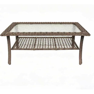 Outdoor Coffee Table - Patio Rattan Wicker Coffee Table with Tempered Glass Top and 2-Tier Storage Outdoor Table for Deck Porch Balcony Garden