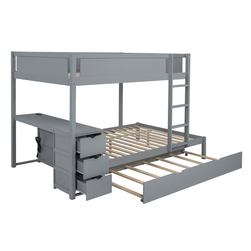 Lit superposé double avec lit gigogne simple, rangement et bureau, gris, Gris