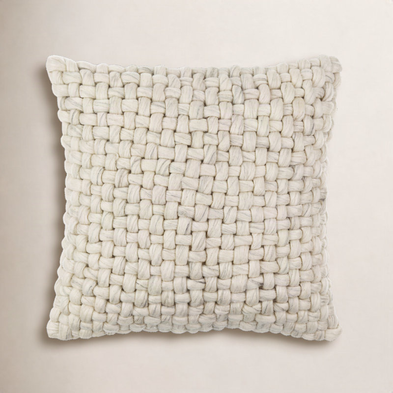 Belel Wool, Cotton Throw Pillow, 18" x 18", Down, Taupe