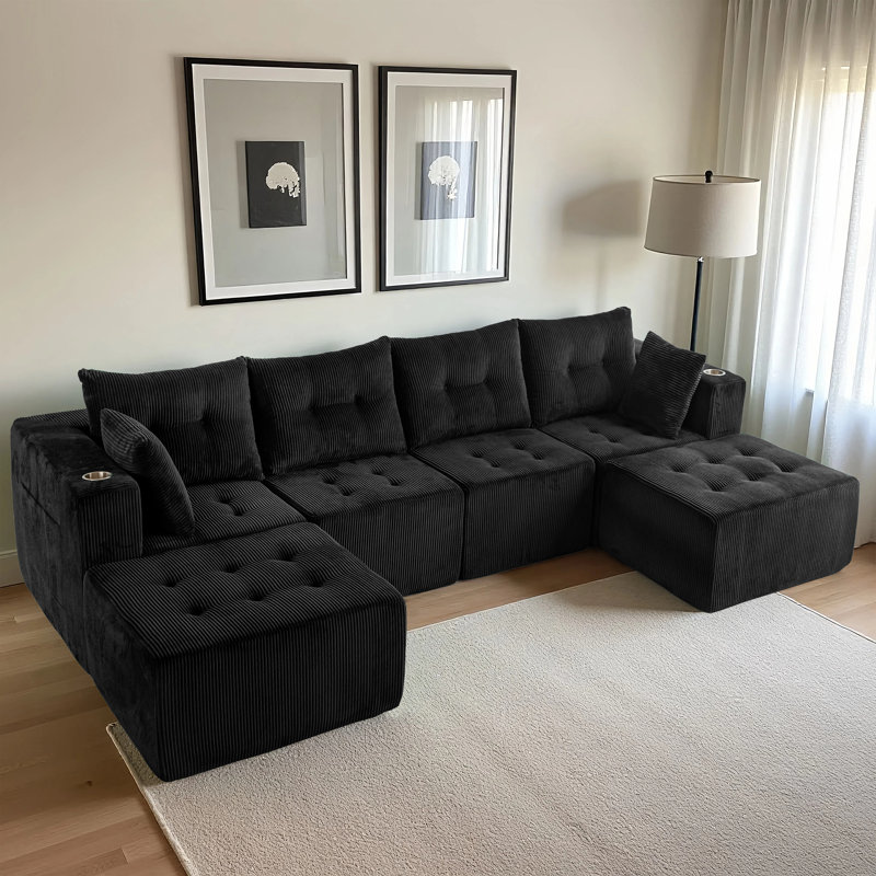 Boneless U Shaped Modern Cloud Couch With 2 Ottomans Tufted 6-seat Boneless Sleeper Chair, Black Corduroy