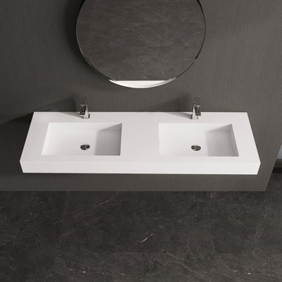 59'' Rectangular Stone Resin Double Bathroom Sink With Faucet Holes