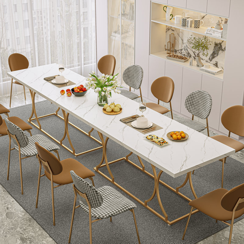 71 Inch Rectangular Dining , Modern White Kitchen Table Dining Room Table, Rectangle White Dinner Table With Gold Metel Frame.