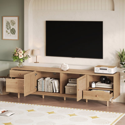 Meuble télé pour téléviseur de 65, 75, 85 pouces, centre de divertissement avec rangement ouvert et tiroirs, console de télévision moderne en bois avec rotin