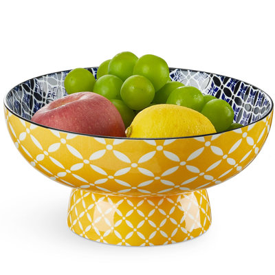Bol à fruits en céramique de 10 po pour comptoir de cuisine, couleur jaune, grand bol décoratif avec base détachable et trous de drainage, bol à collation coloré, bol à piédestal pour la décoration intérieure