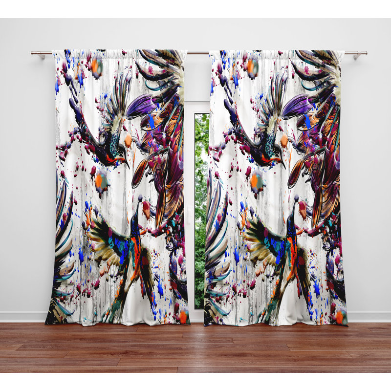 Paire de rideaux semi-transparents Watercolor Paint Splatter Birds, L 40 po x L 82 po