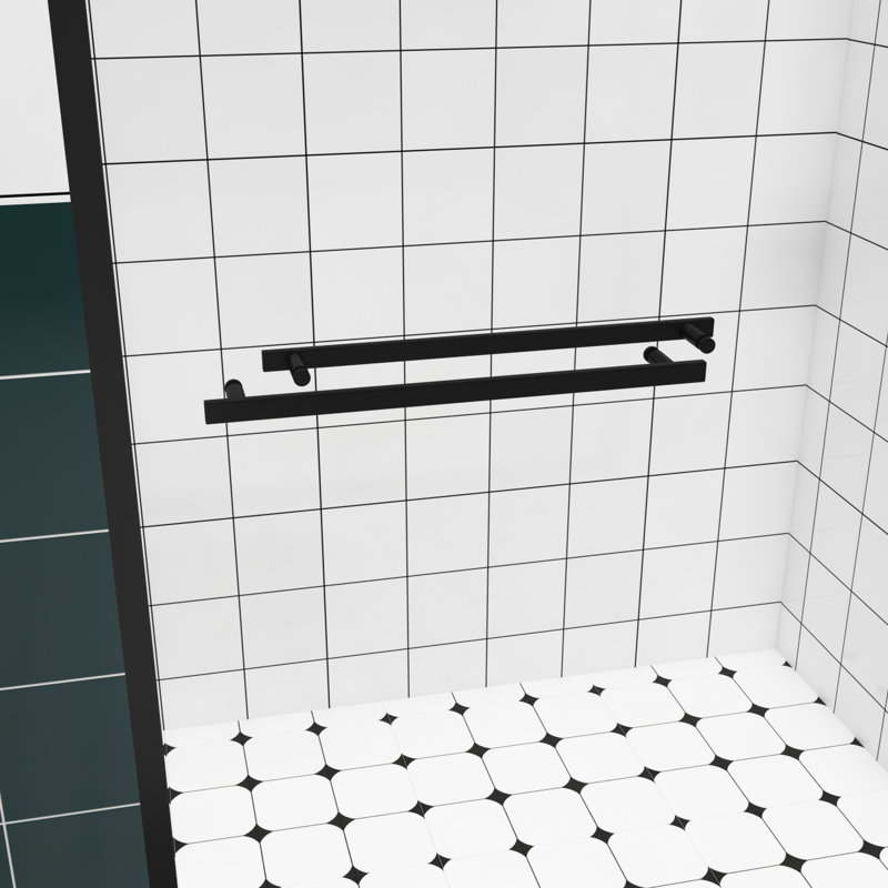 76" High Double Sliding Shower Door With Handle For Towel Hanging, Black Aluminum Frame, Easy Installation Steps Guide