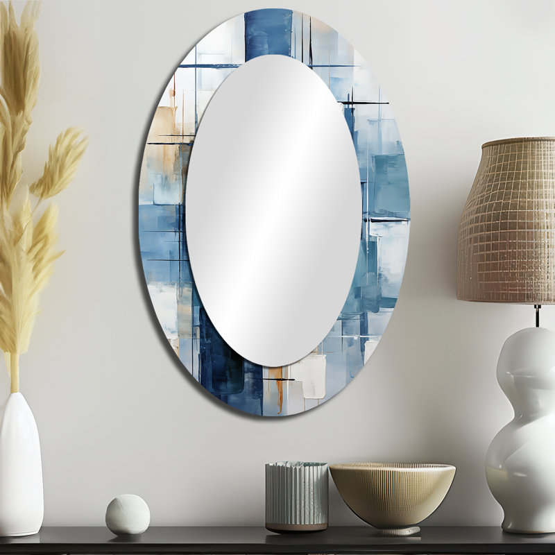 Cerulean Cubism Shapes - Miroir mural ovale moderne, 36 po x 24 po