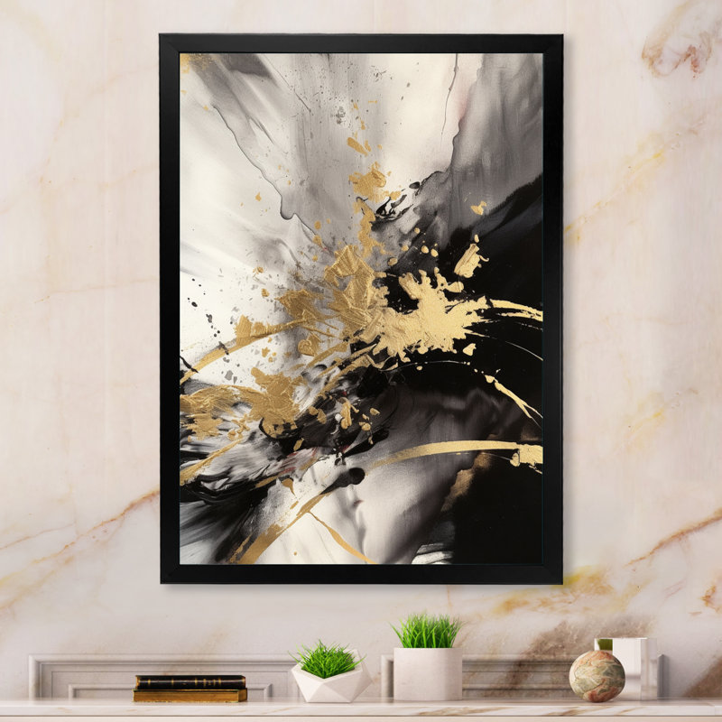 Or et gris fluides fusion II - art mural abstrait, H 32 po x l 24 po x P 1 po, Cadre simple noir