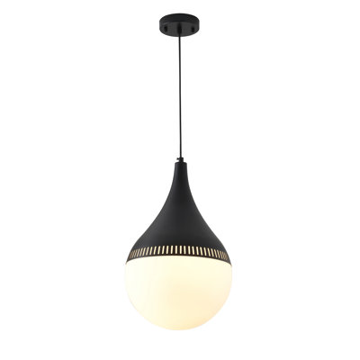 Luminaire suspendu en métal noir 1 lumière avec abat-jour en verre blanc laiteux
