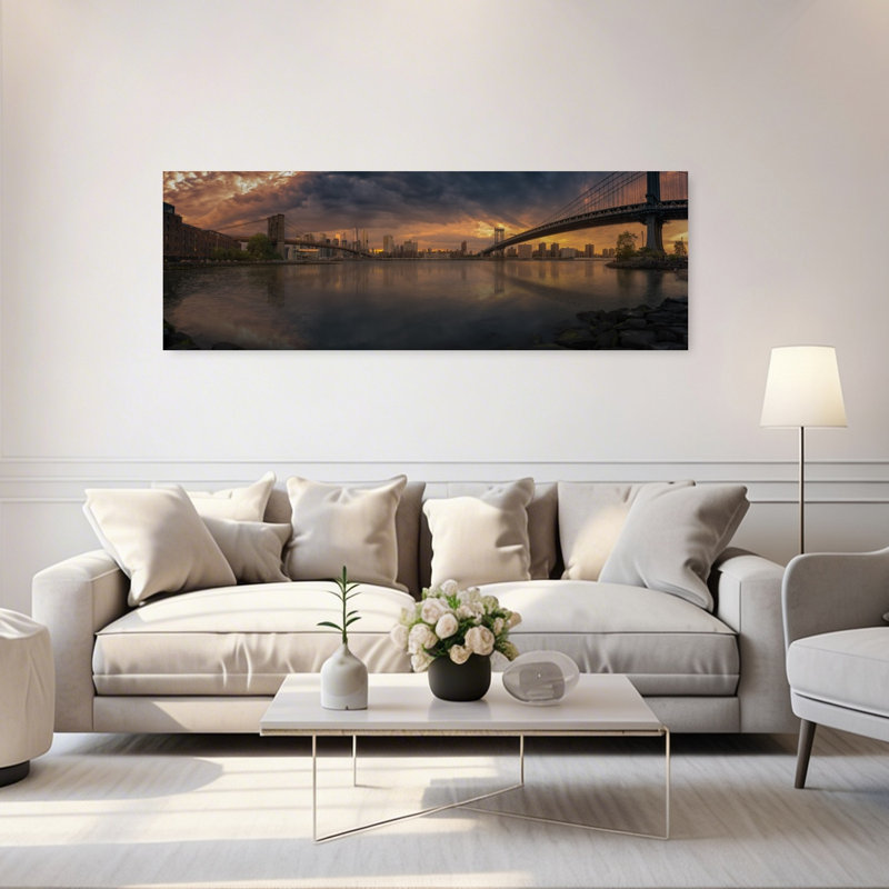 «Dramatic New York Sunset», art abstrait contemporain, art mural de la ville, H 20 po x l 60 po