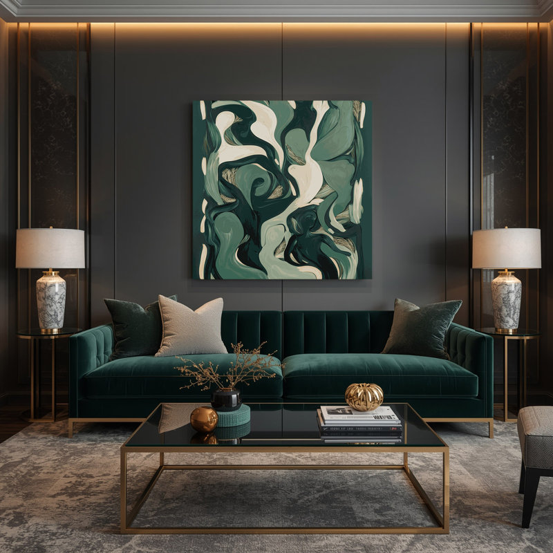 Abstrait art figuratif sur toile vert, H 16 po x l 16 po