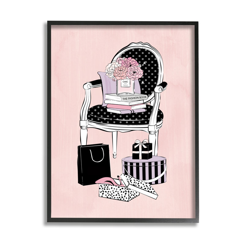 Chaise chic avec des sacs de magasinage par Martina - Impression sur toile, Giclée encadrée noir minuit, H 20 po x l 16 po
