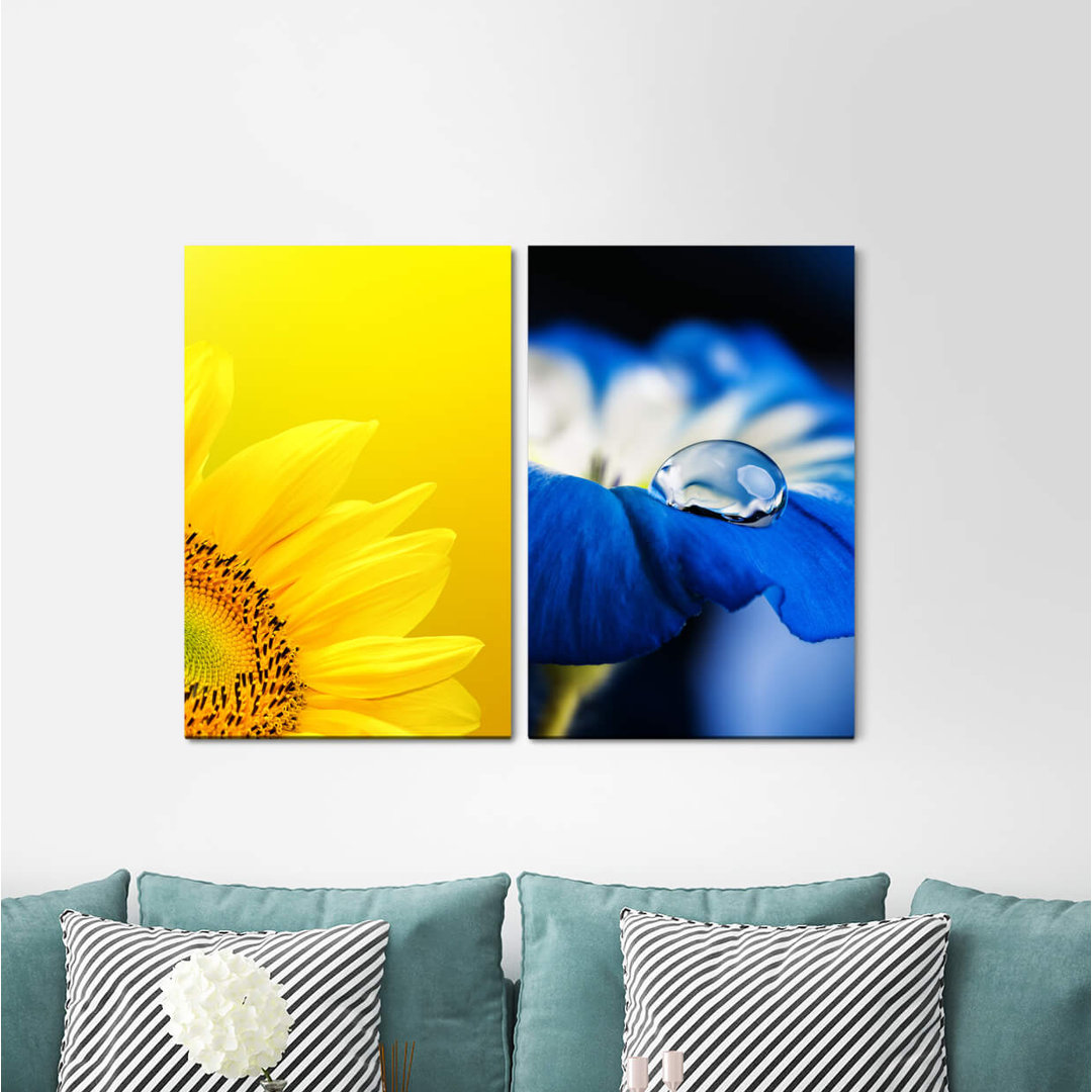 2-tlg. Leinwandbilder-Set - Fotografie „Sunflower Yellow Drops Blue Blossom Flowers”