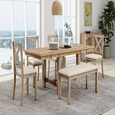 Table de salle à manger extensible 6 pièces avec repose-pieds, 4 chaises de salle à manger rembourrées et banc, 2 rallonges amovibles de 11 po