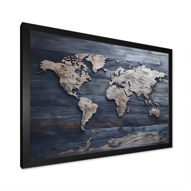Carte du monde rustique - impression de décoration murale carte du monde, Cadre simple noir, H 16 po x l 32 po x P 1 po