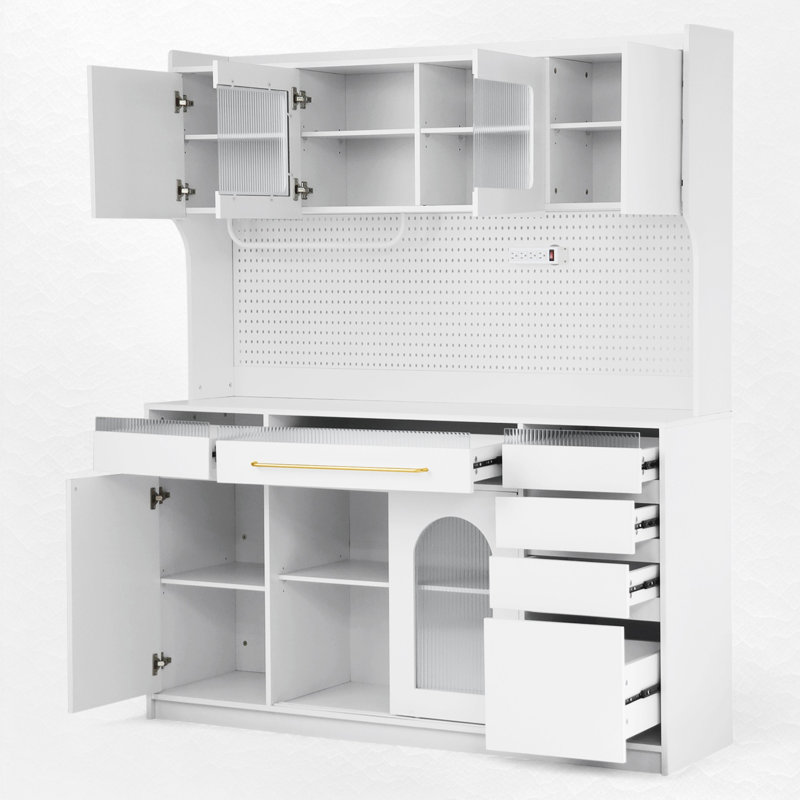 Large Coffee Bar Storage Cabinet with 6 Drawers and 5 Cabinets, White