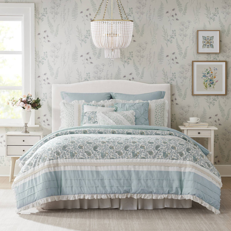 California King Blue Cotton Floral Comforter Set