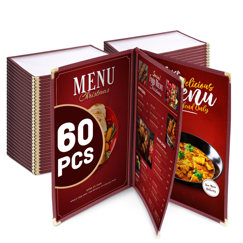 Paquet de 60 couvertures de menu de restaurant style livre 3 pages 6 vues, 8,5 po x 11 po, Bourgogne