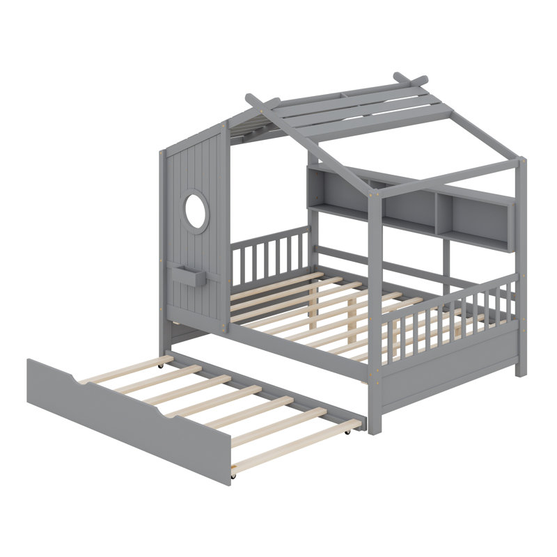 Structure de lit robuste en bois avec lit gigogne intégré et tablette de rangement pratique, Gris, Lit double