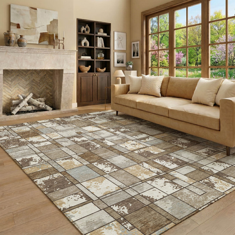 Tapis géométrique de qualité supérieure lavable à la machine Mayfield AMF2442, Brun, 9 pi x 12 pi