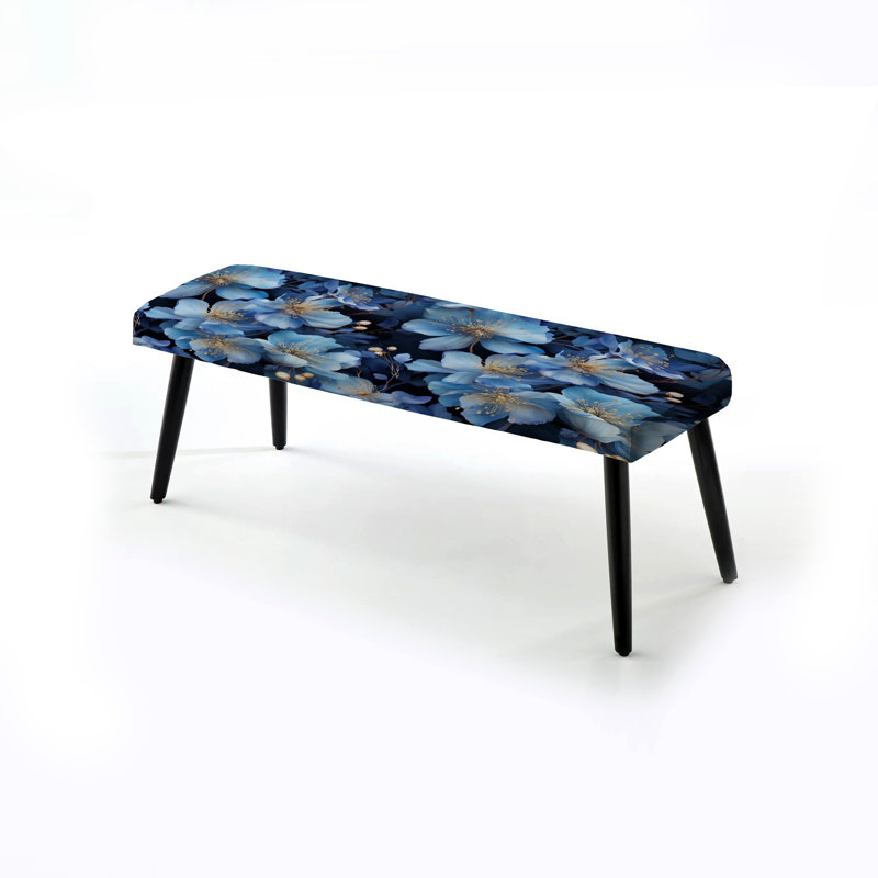 Mystic Blue Blossoms Flowers - Floral Upholstered Black Bench