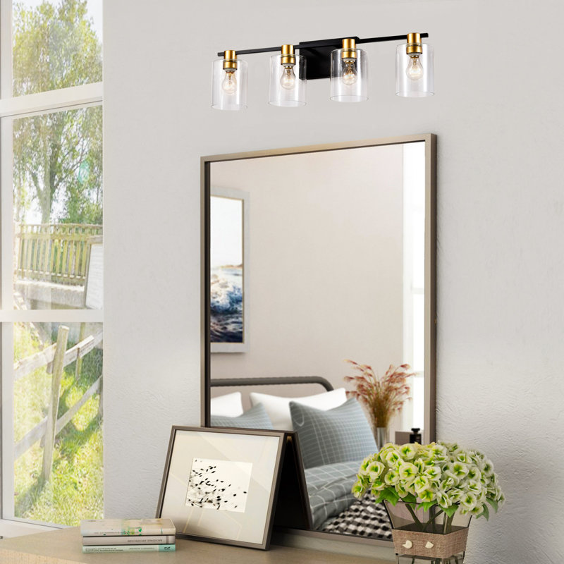 Moderne 4 lumières de meuble-lavabo avec abat-jour en verre, style rétro pour miroir, cuisine, salle à manger, chambre à coucher, couloir - or et noir mat exquis