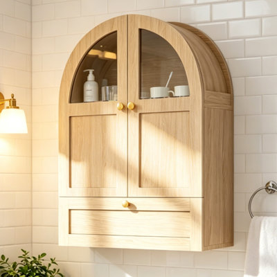 Arch Wall Mounted China Cabinet, Bathroom Medicine Storage With Removable Mirror, Built-In Tissue Holder & Glass Door, 31 Inch Floating Over Toilet Cabinet