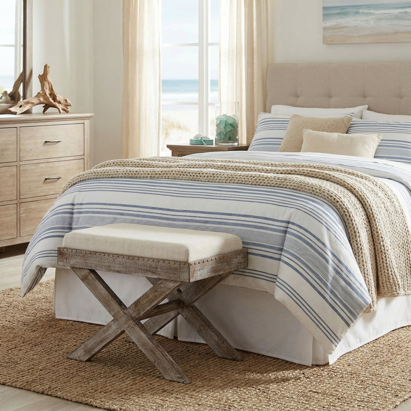 Navin Distressed Wood Tray Top Ottoman with Beige Fabric Top