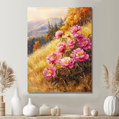 Pivoines à l'automne, Hillside I - pivoines, décoration murale en métal, reproduction d'art traditionnelle en métal