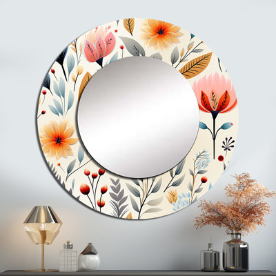 Doux pastels décoratifs de fleurs - miroir mural unique boho, miroir rond rose, impression d'art en métal
